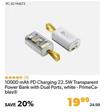 Shopper+ 10000 mah pd charging 22.5w transparent power bank with dual ports, white - primecables offer