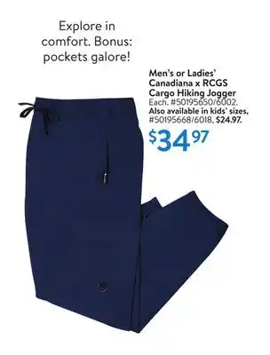 Walmart Men's or ladies' canadiana x rcgs cargo hiking jogger offer