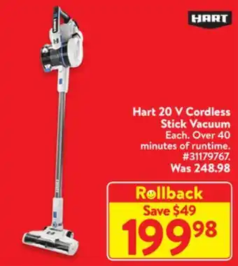 Walmart Hart 20 v cordless stick vacuum offer