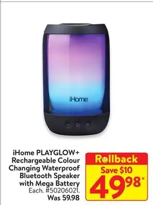 Walmart Ihome playglow+ rechargeable colour changing waterproof bluetooth speaker with mega battery offer