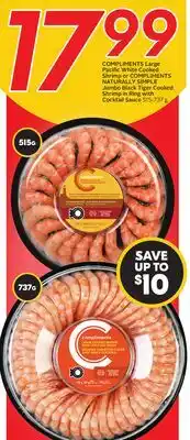 Sobeys Large pacific white cooked shrimp or naturally simple jumbo black tiger cooked shrimp in ring with cocktail sauce offer