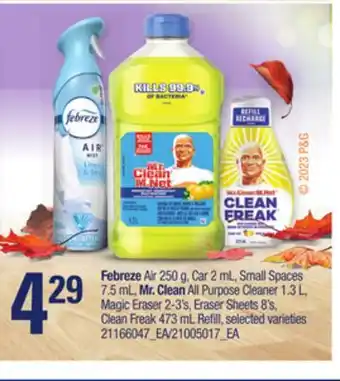 Loblaws Febreze air 250 g, car 2 ml, small spaces 7.5 ml., mr.clean all purpose cleaner 1.3 l., magic eraser 2-3's, eraser sheets 8's offer