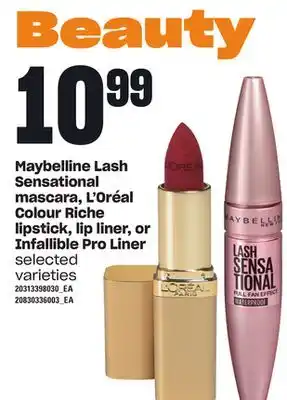 Loblaws Maybelline lash sensational mascara, l'oréal colour riche lipstick, lip liner, or infallible pro liner offer