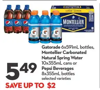 Longo's Gatorade 6x591ml bottles, montellier carbonated natural spring water 10x355ml cans or pepsi beverages 8x355ml bottles offer