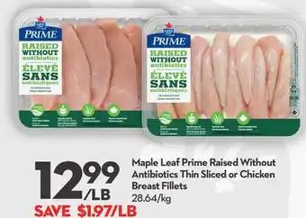 Longo's Maple leaf prime raised without antibiotics thin sliced or chicken breast fillets offer