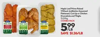 Longo's Maple leaf prime raised without antibiotics seasoned flattened, cut-up or chicken drumsticks and thighs offer