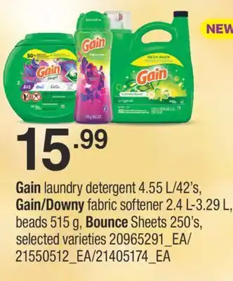 Fortinos Gain laundry detergent 4.55 l/42's, gain/downy fabric softener 2.4 l-3.29 l, beads 515 g, bounce sheets 250's offer