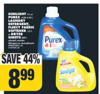 No Frills Sunlight, 4 l or purex, 4.08-4.43 l laundry detergent, fleecy fabric softener, 3.5 l or dryer sheets, 200's offer