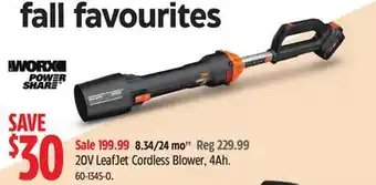 Canadian Tire Worx 20v leafjet cordless blower, 4ah offer
