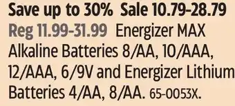 Canadian Tire Energizer max alkaline batteries 8/aa, 10/aaa, 12/aaa, 6/9v and energizer lithium batteries 4/aa, 8/aa offer