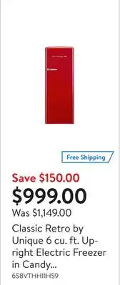 Walmart Classic retro by unique 6 cu. ft. upright electric freezer in candy red offer