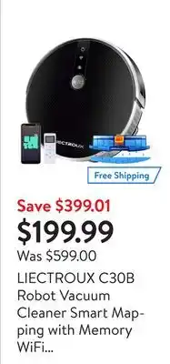 Walmart Liectroux c30b robot vacuum cleaner smart mapping with memory wifi app voice control 4000pa strong suction dry wet mopping su offer