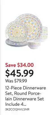 Walmart 12-piece dinnerware set, round porcelain dinnerware set include 4 each of 10.5 dinner plate, 7.5 salad plate and 5.6 bowl offer