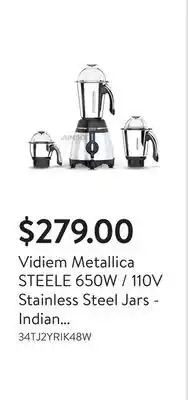 Walmart Vidiem metallica steele 650w / 110v stainless steel jars - indian mixer grinder with, spice & coffee grinder jar for use in c offer