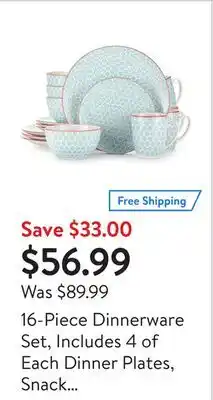Walmart 16-piece dinnerware set, includes 4 of each dinner plates, snack plates, cereal bowls and mugs offer