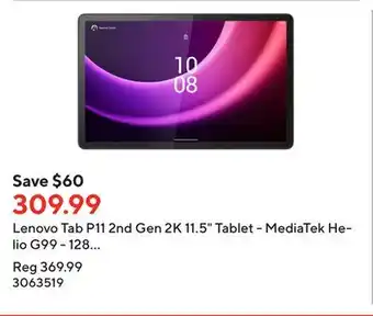 Staples Lenovo tab p11 2nd gen 2k 11.5 tablet - mediatek helio g99 - 128 gb - 4gb ram - android - storm grey offer