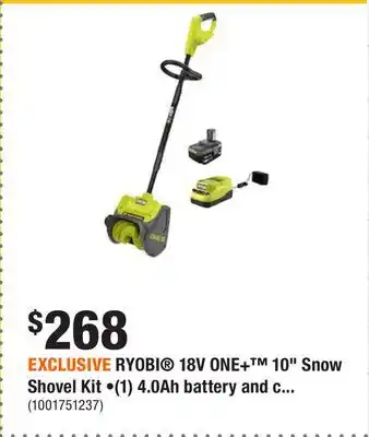 Home Depot Exclusive ryobi 18v one+ 10 snow shovel kit •(1) 4.0ah battery and charger offer