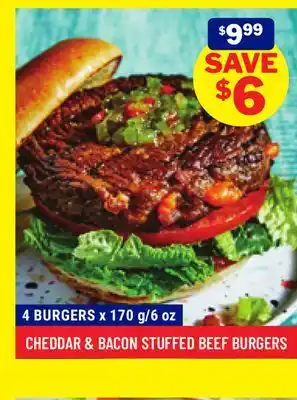M & M Food Market Cheddar & bacon stuffed beef burgers offer