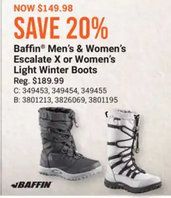Bass Pro Baffin men's & women's escalate x or women's light winter boots offer