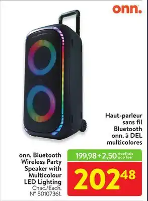 Walmart Onn. bluetooth wireless party speaker with multicolour led lighting offer
