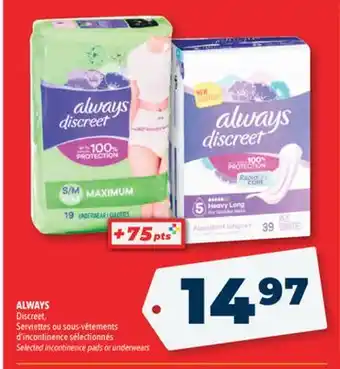 Familiprix Always discreet selected incontinence pads or underwears offer