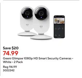 Staples Geeni glimpse 1080p hd smart security cameras - white - 2 pack offer