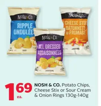 Rexall Nosh & co. potato chips, cheese stix or sour cream & onion rings 130g-140g offer