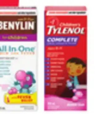 Rexall Benylin or tylenol children's cough syrup 100ml select types, chewable tablets 20' s or infant fever & sore throat pain white offer
