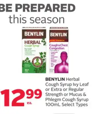 Rexall Benylin herbal cough syrup ivy leaf or extra or regular strength or mucus & phlegm cough syrup 100ml offer
