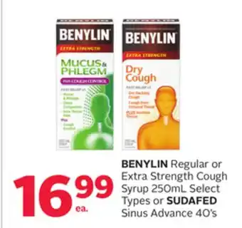 Rexall Benylin regular or extra strength cough syrup 250ml select types or sudafed sinus advance 40' s offer