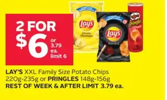 Rexall Lay's xxl family size potato chips 220g-235g or pringles 148g-156g offer