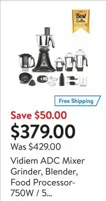 Walmart Vidiem adc mixer grinder, blender, food processor- 750w / 5 stainless steel jars - indian mixer grinder with almond nut milk offer