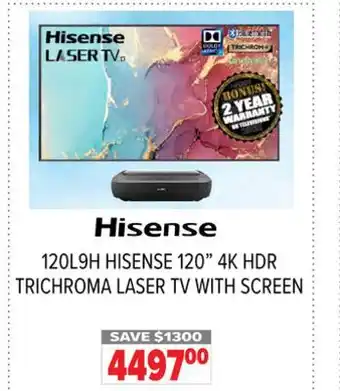 2001 Audio Video Hisense 120 4k hdr trichroma laser tv with screen offer