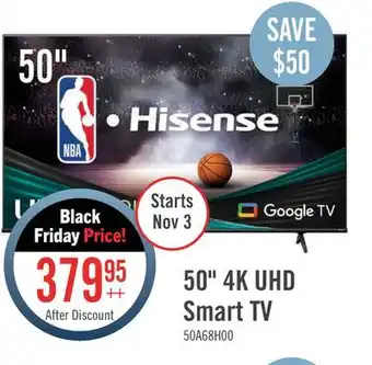 The Brick Hisense 50 a68h series 4k uhd smart google tv offer
