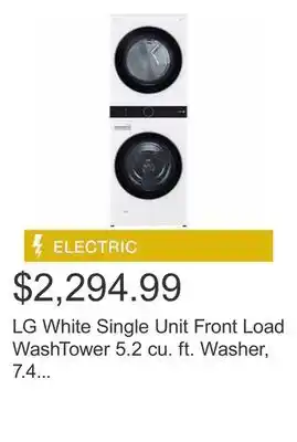 Costco Lg white single unit front load washtower 5.2 cu. ft. washer, 7.4 cu. ft. electric dryer offer