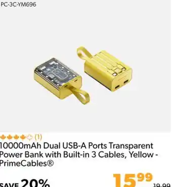 Shopper+ 10000mah dual usb-a ports transparent power bank with built-in 3 cables, yellow - primecables offer