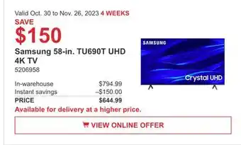 Costco Samsung 58-in. tu690t uhd 4k tv offer