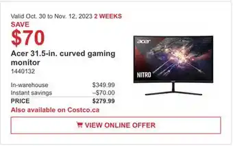 Costco Acer 31.5-in curved gaming monitor offer