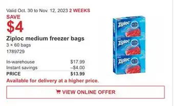 Costco Ziploc medium freezer bags offer