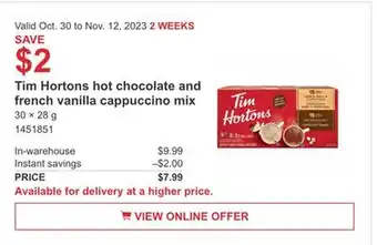Costco Tim hortons hot chocolate and french vanilla cappuccino mix offer