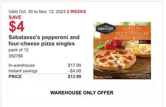 Costco Sabatasso's pepperoni and four-cheese pizza singles offer