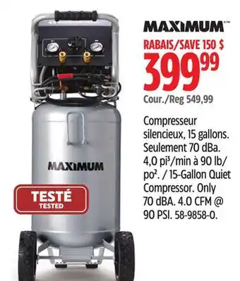 Canadian Tire Maximum 15-gallon quiet compressor. only 70 dba. 4.0 cfm @ 90 psi offer