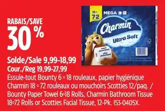 Canadian Tire Bounty paper towel 6=18 rolls, charmin bathroom tissue 18=72 rolls or scotties facial tissue, 12-pk offer