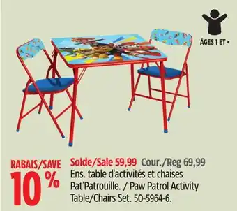 Canadian Tire Paw patrol activity table/chairs set offer