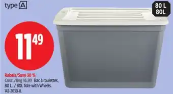 Canadian Tire Type a 80l tote with wheels offer