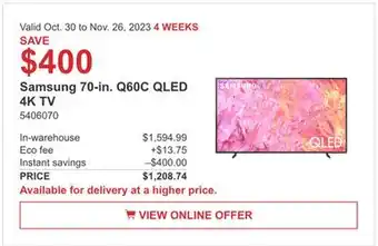 Costco Samsung 70-in. q60c qled 4k tv offer