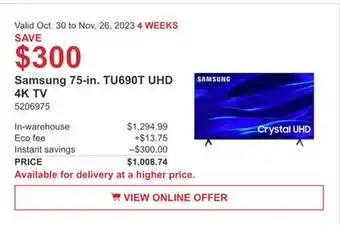 Costco Samsung 75- in. tu690t uhd 4k tv offer