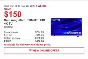 Costco Samsung 58-in. tu690t uhd 4k tv offer