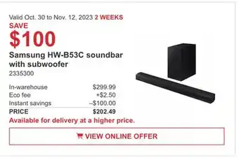 Costco Samsung hw-b53c soundbar with subwoofer offer