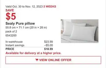 Costco Sealy pure pillow offer